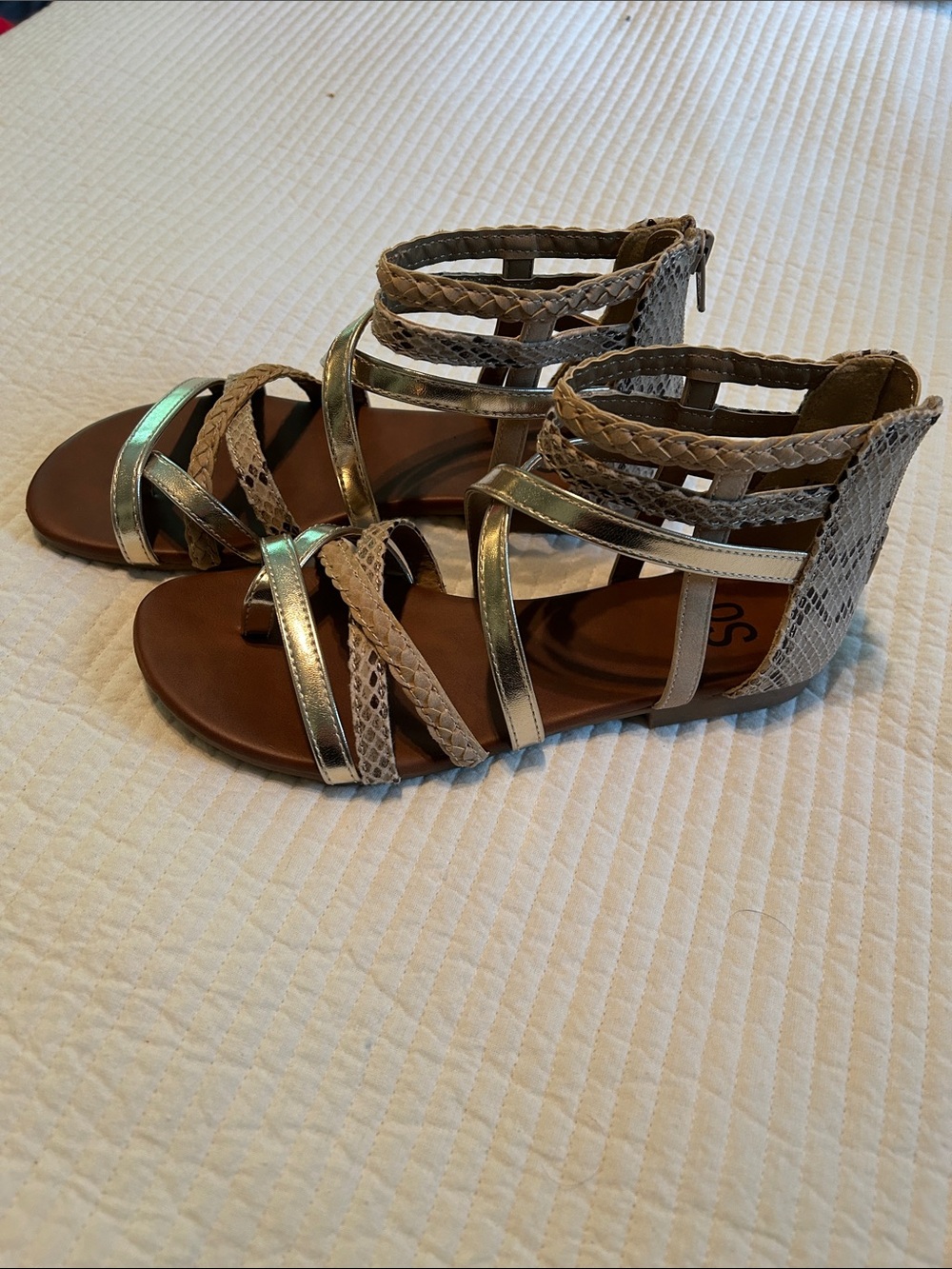 SO Metallic Gold and Tan Strappy Gladiator Sandals